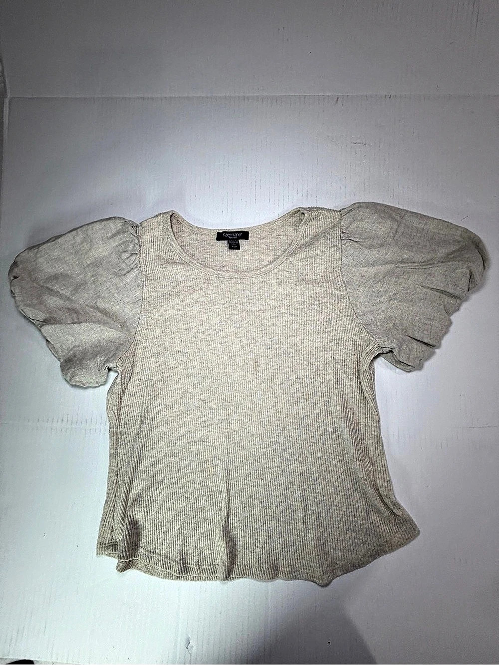 Karen Kane Ribbed Puff Sleeve Top Beige Petite XLP